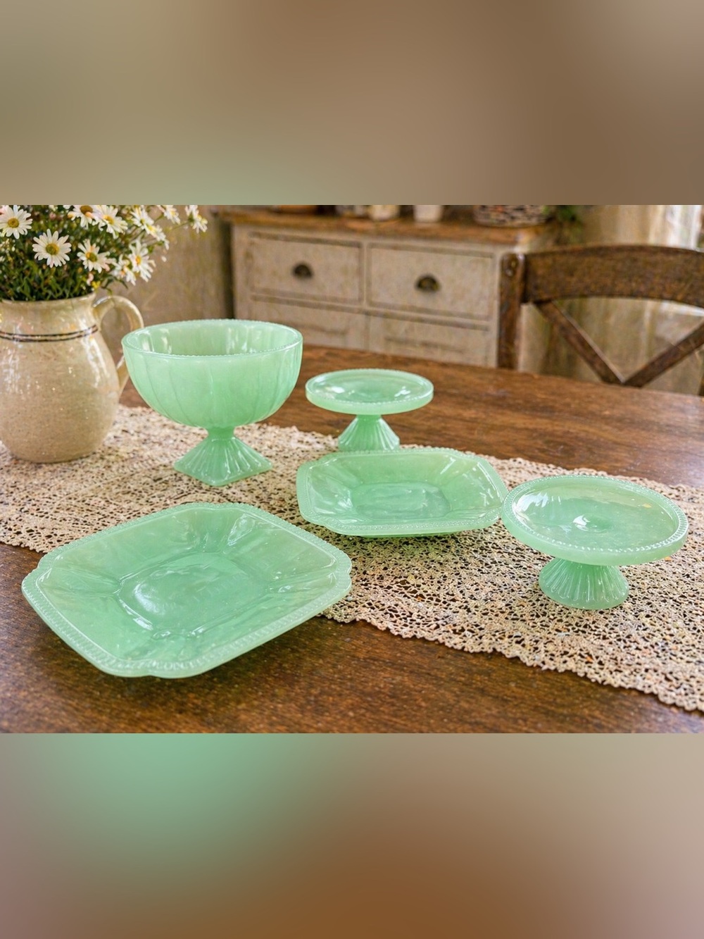 Mint (Jadiete) Green Glass Pedestal Bowl & Plates Set